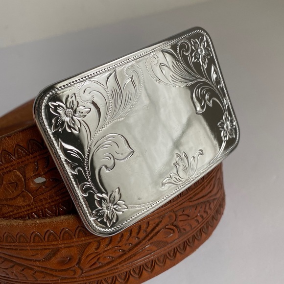Vintage Tooled Brown Leather Belt Silver Western - Picture 3 of 11